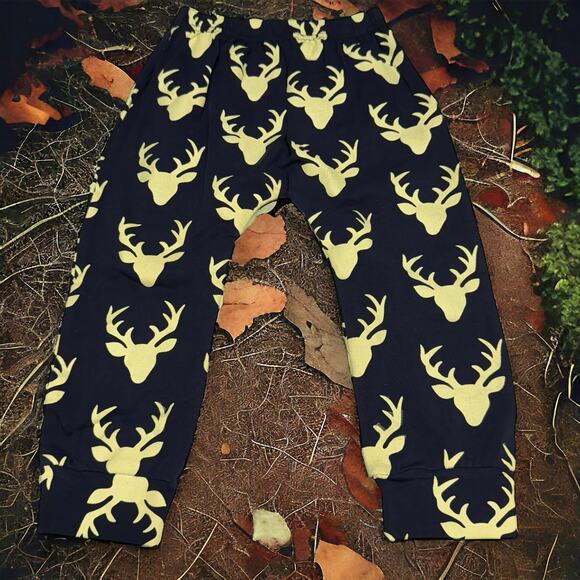 5/$35 Deer Buck Head Print Pants Sz 100 3 Black Cream Screen Print Elastic Waist - Picture 4 of 10